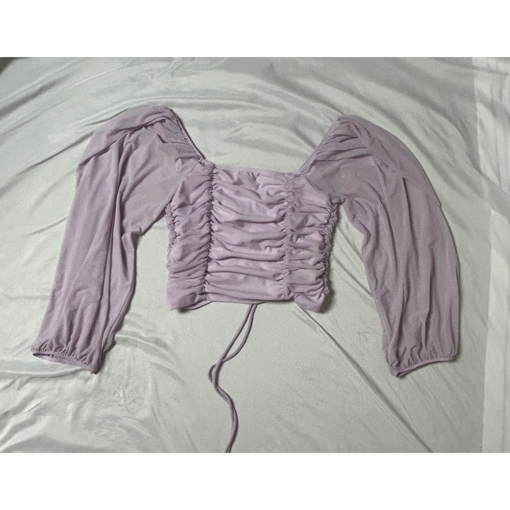 NWT Fashion Nova Your Eyes On Me Top Lavender Ruched Mesh Balloon Sleeve Crop L - Picture 7 of 14